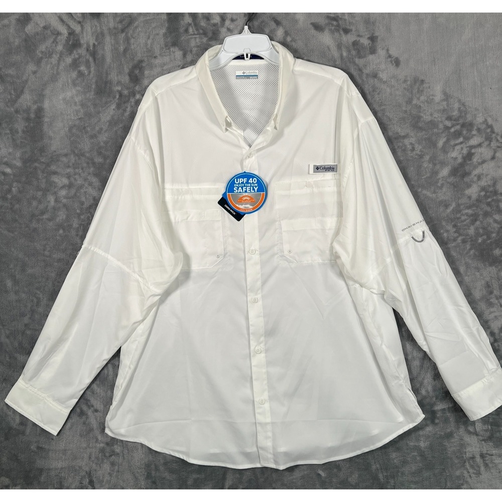 Columbia PFG‎ Tamiami Fishing Shirt Mens 2XL New White Long Sleeve Button Up